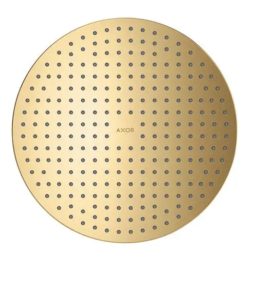 Runde Kopfbrause mit einer goldenen Oberfläche und zahlreichen kleinen Düsen. Logo "AXOR" ist in der Mitte sichtbar.